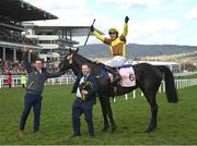 17 March 2023; Jockey Paul Townend celebrates on Galopin Des Champs after winning the Boodles Cheltenham Gold Cup Chase during day four of the Cheltenham Racing Festival at Prestbury Park in Cheltenham, England. Photo by Seb Daly/Sportsfile