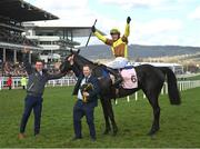 17 March 2023; Jockey Paul Townend celebrates on Galopin Des Champs after winning the Boodles Cheltenham Gold Cup Chase during day four of the Cheltenham Racing Festival at Prestbury Park in Cheltenham, England. Photo by Seb Daly/Sportsfile