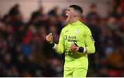 17 March 2023; Sligo Rovers goalkeeper Luke McNicholas celebrates his side's first goal during the SSE Airtricity Men's Premier Division match between Derry City and Sligo Rovers at The Ryan McBride Brandywell Stadium in Derry. Photo by Stephen McCarthy/Sportsfile