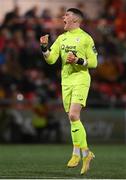 17 March 2023; Sligo Rovers goalkeeper Luke McNicholas celebrates his side's first goal during the SSE Airtricity Men's Premier Division match between Derry City and Sligo Rovers at The Ryan McBride Brandywell Stadium in Derry. Photo by Stephen McCarthy/Sportsfile