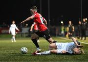 17 March 2023; Ben Doherty of Derry City and John Brannefalk of Sligo Rovers during the SSE Airtricity Men's Premier Division match between Derry City and Sligo Rovers at The Ryan McBride Brandywell Stadium in Derry. Photo by Stephen McCarthy/Sportsfile