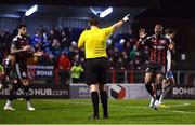 17 March 2023; Jonathan Afolabi of Bohemians, right, reacts after his goal is disallowed by referee Robert Harvey during the SSE Airtricity Men's Premier Division match between Bohemians and UCD at Dalymount Park in Dublin. Photo by Sam Barnes/Sportsfile