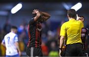 17 March 2023; Jonathan Afolabi of Bohemians reacts after his goal is disallowed during the SSE Airtricity Men's Premier Division match between Bohemians and UCD at Dalymount Park in Dublin. Photo by Sam Barnes/Sportsfile