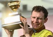 17 March 2023; Jockey Paul Townend with the Gold Cup after riding Galopin Des Champs to win the Boodles Cheltenham Gold Cup during day four of the Cheltenham Racing Festival at Prestbury Park in Cheltenham, England. Photo by Harry Murphy/Sportsfile