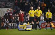 17 March 2023; The match ball is delivered to the centre of the pitch by remote controlled Dublin bus before the SSE Airtricity Men's Premier Division match between Bohemians and UCD at Dalymount Park in Dublin. Photo by Sam Barnes/Sportsfile
