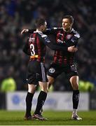 17 March 2023; Paddy Kirk of Bohemians, left, celebrates with team-mate Kacper Radkowski after scoring his side's first goal  during the SSE Airtricity Men's Premier Division match between Bohemians and UCD at Dalymount Park in Dublin. Photo by Sam Barnes/Sportsfile