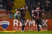 17 March 2023; Ali Coote of Bohemians, left, celebrates after scoring his side's second goal during the SSE Airtricity Men's Premier Division match between Bohemians and UCD at Dalymount Park in Dublin. Photo by Sam Barnes/Sportsfile