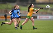 17 March 2023; Katie Long of Donegal in action against Lauren Magee of Dublin during the Lidl Ladies National Football League Division 1 match between Donegal and Dublin at O’Donnell Park in Letterkenny, Donegal. Photo by Stephen McCarthy/Sportsfile