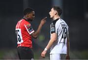 17 March 2023; Sadou Diallo of Derry City and Lukas Browning of Sligo Rovers during the SSE Airtricity Men's Premier Division match between Derry City and Sligo Rovers at The Ryan McBride Brandywell Stadium in Derry. Photo by Stephen McCarthy/Sportsfile