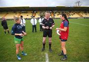 17 March 2023; Referee Anthony Marron with Donegal captain Niamh McLaughlin and Dublin captain Leah Caffrey before the Lidl Ladies National Football League Division 1 match between Donegal and Dublin at O’Donnell Park in Letterkenny, Donegal. Photo by Stephen McCarthy/Sportsfile