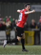 17 March 2023; Ciaran Coll of Derry City celebrates after scoring his side's first goal during the SSE Airtricity Men's Premier Division match between Derry City and Sligo Rovers at The Ryan McBride Brandywell Stadium in Derry. Photo by Stephen McCarthy/Sportsfile