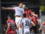 17 March 2023; Ciaran Coll of Derry City heads his side's first goal during the SSE Airtricity Men's Premier Division match between Derry City and Sligo Rovers at The Ryan McBride Brandywell Stadium in Derry. Photo by Stephen McCarthy/Sportsfile