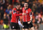 17 March 2023; Ciaran Coll of Derry City celebrates with team-mate Ryan Graydon, left, after scoring his side's first goal during the SSE Airtricity Men's Premier Division match between Derry City and Sligo Rovers at The Ryan McBride Brandywell Stadium in Derry. Photo by Stephen McCarthy/Sportsfile