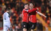 17 March 2023; Ciaran Coll of Derry City celebrates with team-mate Ryan Graydon, left, after scoring his side's first goal during the SSE Airtricity Men's Premier Division match between Derry City and Sligo Rovers at The Ryan McBride Brandywell Stadium in Derry. Photo by Stephen McCarthy/Sportsfile