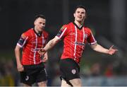 17 March 2023; Ciaran Coll of Derry City celebrates after scoring his side's first goal during the SSE Airtricity Men's Premier Division match between Derry City and Sligo Rovers at The Ryan McBride Brandywell Stadium in Derry. Photo by Stephen McCarthy/Sportsfile