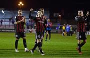 17 March 2023; Bohemians players, from left, Krystian Nowak, Paddy Kirk, Kacper Radkowski and Adam McDonnell celebrate after their side's victory in the SSE Airtricity Men's Premier Division match between Bohemians and UCD at Dalymount Park in Dublin. Photo by Sam Barnes/Sportsfile