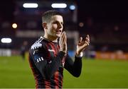 17 March 2023; Paddy Kirk of Bohemians applauds the supporters after his side's victory in the SSE Airtricity Men's Premier Division match between Bohemians and UCD at Dalymount Park in Dublin. Photo by Sam Barnes/Sportsfile