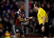 17 March 2023; Jonathan Afolabi of Bohemians remonstrates with referee Robert Harvey during the SSE Airtricity Men's Premier Division match between Bohemians and UCD at Dalymount Park in Dublin. Photo by Sam Barnes/Sportsfile