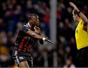 17 March 2023; Jonathan Afolabi of Bohemians gestures for handball to referee Robert Harvey during the SSE Airtricity Men's Premier Division match between Bohemians and UCD at Dalymount Park in Dublin. Photo by Sam Barnes/Sportsfile