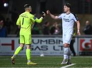 17 March 2023; Sligo Rovers goalkeeper Luke McNicholas and Nando Pijnaker after the SSE Airtricity Men's Premier Division match between Derry City and Sligo Rovers at The Ryan McBride Brandywell Stadium in Derry. Photo by Stephen McCarthy/Sportsfile