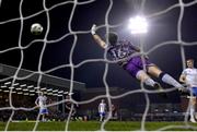 17 March 2023; UCD goalkeeper Kian Moore fails to save the shot of Paddy Kirk of Bohemians during the SSE Airtricity Men's Premier Division match between Bohemians and UCD at Dalymount Park in Dublin. Photo by Sam Barnes/Sportsfile