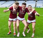 17 March 2023; From left, Nathan Farry, Niall McCarney and Tom Gavin Papakyricou of Omagh CBS celebrate after the Masita GAA Post Primary Schools Hogan Cup Final match between Summerhill College Sligo and Omagh CBS at Croke Park in Dublin. Photo by Stephen Marken/Sportsfile