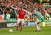 17 March 2023; Chris Forrester of St Patrick's Athletic in action against Gary O'Neill of Shamrock Rovers during the SSE Airtricity Men's Premier Division match between Shamrock Rovers and St Patrick's Athletic at Tallaght Stadium in Dublin. Photo by Ramsey Cardy/Sportsfile