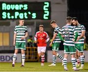 17 March 2023; Shamrock Rovers players, from left, Gary O'Neill, Daniel Cleary, Jack Byrne and Richie Towell, react after conceding a goal during the SSE Airtricity Men's Premier Division match between Shamrock Rovers and St Patrick's Athletic at Tallaght Stadium in Dublin. Photo by Ramsey Cardy/Sportsfile
