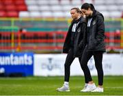 18 March 2023; Abbie Larkin, left, and Aoife Kelly of Shamrock Rovers inspect the pitch before the SSE Airtricity Women's Premier Division match between Shelbourne and Shamrock Rovers at Tolka Park in Dublin. Photo by Tyler Miller/Sportsfile