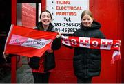 18 March 2023; Shelbourne supporters Erin Malone, left, and Abbie Capewell before the SSE Airtricity Women's Premier Division match between Shelbourne and Shamrock Rovers at Tolka Park in Dublin. Photo by Tyler Miller/Sportsfile