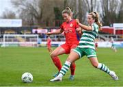 18 March 2023; Siobhán Killeen of Shelbourne is tackled by Lia O'Leary of Shamrock Rovers during the SSE Airtricity Women's Premier Division match between Shelbourne and Shamrock Rovers at Tolka Park in Dublin. Photo by Tyler Miller/Sportsfile
