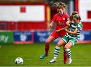 18 March 2023; Siobhán Killeen of Shelbourne in action against Lia O'Leary of Shamrock Rovers during the SSE Airtricity Women's Premier Division match between Shelbourne and Shamrock Rovers at Tolka Park in Dublin. Photo by Tyler Miller/Sportsfile