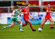 18 March 2023; Rachel Graham of Shelbourne in action against Orlaith O'Mahoney of Shamrock Rovers during the SSE Airtricity Women's Premier Division match between Shelbourne and Shamrock Rovers at Tolka Park in Dublin. Photo by Tyler Miller/Sportsfile