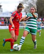 18 March 2023; Siobhán Killeen of Shelbourne is tackled by Lia O'Leary of Shamrock Rovers during the SSE Airtricity Women's Premier Division match between Shelbourne and Shamrock Rovers at Tolka Park in Dublin. Photo by Tyler Miller/Sportsfile