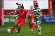 18 March 2023; Noelle Murray of Shelbourne in action against Lia O'Leary of Shamrock Rovers during the SSE Airtricity Women's Premier Division match between Shelbourne and Shamrock Rovers at Tolka Park in Dublin. Photo by Tyler Miller/Sportsfile