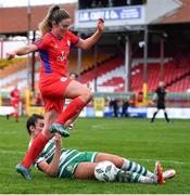 18 March 2023; Siobhán Killeen of Shelbourne is tackled by Jessica Hennessy of Shamrock Rovers during the SSE Airtricity Women's Premier Division match between Shelbourne and Shamrock Rovers at Tolka Park in Dublin. Photo by Tyler Miller/Sportsfile