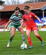 18 March 2023; Siobhán Killeen of Shelbourne in action against Jessica Hennessy of Shamrock Rovers during the SSE Airtricity Women's Premier Division match between Shelbourne and Shamrock Rovers at Tolka Park in Dublin. Photo by Tyler Miller/Sportsfile