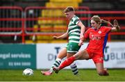18 March 2023; Jaime Thompson of Shamrock Rovers is tackled by Maggie Pierce of Shelbourne during the SSE Airtricity Women's Premier Division match between Shelbourne and Shamrock Rovers at Tolka Park in Dublin. Photo by Tyler Miller/Sportsfile
