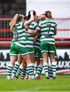 18 March 2023; Aine O'Gorman of Shamrock Rovers, hidden, celebrates with teammates after scoring her side's first goal during the SSE Airtricity Women's Premier Division match between Shelbourne and Shamrock Rovers at Tolka Park in Dublin. Photo by Tyler Miller/Sportsfile