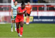 18 March 2023; Ruvimbo Mucherera of Shelbourne celebrates after teammate Jessie Stapleton scores her side's first goal during the SSE Airtricity Women's Premier Division match between Shelbourne and Shamrock Rovers at Tolka Park in Dublin. Photo by Tyler Miller/Sportsfile