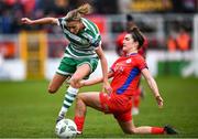 18 March 2023; Abbie Larkin of Shamrock Rovers is tackled by Keeva Keenan of Shelbourne during the SSE Airtricity Women's Premier Division match between Shelbourne and Shamrock Rovers at Tolka Park in Dublin. Photo by Tyler Miller/Sportsfile