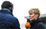 18 March 2023; Republic of Ireland manager Vera Pauw is interviewed by TG4 during the SSE Airtricity Women's Premier Division match between Shelbourne and Shamrock Rovers at Tolka Park in Dublin. Photo by Tyler Miller/Sportsfile