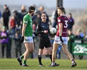 18 March 2023; Referee David Coldrick speaks to Ryan Lyons of Fermanagh and Kevin Maguire of Westmeath the Allianz Football League Division 3 match between Fermanagh and Westmeath at St Josephs Park in Ederney, Fermanagh. Photo by Stephen Marken/Sportsfile
