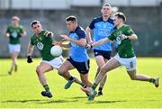 18 March 2023; Cormac Costello of Dublin in action against Cathal Hickey, right, and Donal Keogan of Meath during the Allianz Football League Division 2 match between Meath and Dublin at Páirc Tailteann in Navan, Meath. Photo by David Fitzgerald/Sportsfile