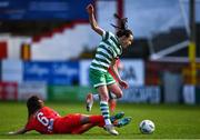 18 March 2023; Aine O'Gorman of Shamrock Rovers is tackled by Alex Kavanagh of Shelbourne during the SSE Airtricity Women's Premier Division match between Shelbourne and Shamrock Rovers at Tolka Park in Dublin. Photo by Tyler Miller/Sportsfile