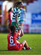18 March 2023; Alex Kavanagh of Shelbourne and Abbie Larkin of Shamrock Rovers after the SSE Airtricity Women's Premier Division match between Shelbourne and Shamrock Rovers at Tolka Park in Dublin. Photo by Tyler Miller/Sportsfile