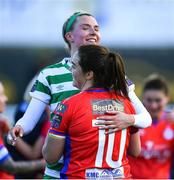 18 March 2023; Shauna Fox of Shamrock Rovers and Noelle Murray of Shelbourne after the SSE Airtricity Women's Premier Division match between Shelbourne and Shamrock Rovers at Tolka Park in Dublin. Photo by Tyler Miller/Sportsfile