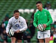 18 March 2023; Ireland captain Jonathan Sexton, right, and England captain Owen Farrell before the Guinness Six Nations Rugby Championship match between Ireland and England at Aviva Stadium in Dublin. Photo by Harry Murphy/Sportsfile
