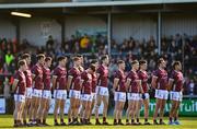 18 March 2023; Galway players stand for the playing of Amhrán na bhFiann before the Allianz Football League Division 1 match between Armagh and Galway at Box-It Athletic Grounds in Armagh. Photo by Ben McShane/Sportsfile