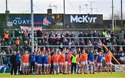 18 March 2023; Armagh players stand for the playing of Amhrán na bhFiann before the Allianz Football League Division 1 match between Armagh and Galway at Box-It Athletic Grounds in Armagh. Photo by Ben McShane/Sportsfile
